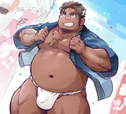 Rule 34 | 1boy, bara, bare pectorals, belly, bulge, character request, confetti, cow boy, cow horns, cowboy shot, dark-skinned male, dark skin, dutch angle, facial hair, fat, fat man, festival, fundoshi, goatee, happi, horns, japanese clothes, jewelry, large pectorals, long sideburns, male focus, male underwear, muscular, muscular male, navel, necklace, nipples, pectorals, short hair, sideburns, smile, solo, stomach, suv (suv032), tetsuox (housamo), thick eyebrows, thick thighs, thighs, tokyo houkago summoners, underwear, very dark skin, white male underwear