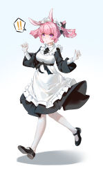 Rule 34 | !, !!, 1girl, absurdres, animal ears, apron, black dress, black footwear, breasts, chinese commentary, commentary request, copyright request, corrupted metadata, dress, frilled apron, frilled hairband, frills, full body, hairband, highres, long hair, long sleeves, looking at viewer, maid, mary janes, medium breasts, pantyhose, pink hair, purple eyes, rabbit ears, ribao, shoes, short hair, simple background, solo, spoken exclamation mark, standing, thick eyebrows, two side up, v-shaped eyebrows, white apron, white background, white pantyhose