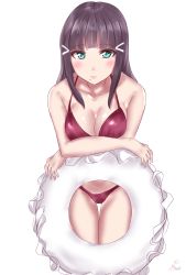 Rule 34 | 10s, 1girl, absurdres, bikini, black hair, blush, breasts, cameltoe, cleavage, crossed arms, green eyes, hair ornament, hairclip, highres, hime cut, innertube, kaya (yoshina9), kurosawa dia, leaning forward, long hair, looking at viewer, love live!, love live! sunshine!!, medium breasts, mole, mole under mouth, red bikini, simple background, solo, standing, swim ring, swimsuit, white background