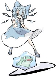 Rule 34 | &gt;:o, 1girl, :o, animal, black footwear, blue bow, blue dress, blue eyes, blue hair, bow, cirno, detached wings, dress, embodiment of scarlet devil, female focus, flying, frog, full body, hair bow, ice, ice wings, nanami natsuki, nanaumi natsuki, no socks, open mouth, outstretched arm, pinafore dress, puffy short sleeves, puffy sleeves, shirt, shoes, short hair, short sleeves, simple background, sleeveless, sleeveless dress, solo, touhou, v-shaped eyebrows, white background, white shirt, wings