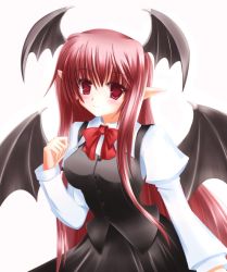 Rule 34 | 1girl, bat wings, bow, dress, female focus, head wings, koakuma, long hair, pointy ears, red hair, shirotsuki kouta, solo, embodiment of scarlet devil, touhou, wings