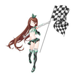 Rule 34 | 1girl, armpits, bare shoulders, boots, breasts, brown hair, checkered flag, closers, crop top, cropped vest, detached collar, elbow gloves, flag, full body, gloves, grin, hairband, highres, holding, holding flag, long hair, looking at viewer, lucy (closers), micro shorts, midriff, miniskirt, navel, non-web source, official art, one eye closed, open clothes, open vest, outstretched arms, race queen, shirt, shorts, showgirl skirt, skirt, sleeveless, sleeveless shirt, small breasts, smile, solo, standing, stomach, thigh boots, thighhighs, thighs, very long hair, vest, white gloves, yellow eyes