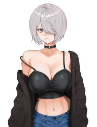 Rule 34 | 1girl, angel (kof), black choker, breasts, camisole, candy, casual, choker, collarbone, crop top, food, grey hair, hair over one eye, highres, jacket, large breasts, lollipop, midriff, navel, off shoulder, open clothes, open jacket, short hair, snk, solo, the king of fighters, yukimune