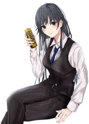 Rule 34 | 1girl, black hair, black pants, black vest, blue necktie, can, closed mouth, collared shirt, crossed legs, hayase illusut, highres, hiratsuka shizuka, holding, holding can, long hair, long sleeves, looking at viewer, necktie, pants, shirt, simple background, sitting, solo, teacher, vest, white background, white shirt, yahari ore no seishun lovecome wa machigatteiru.