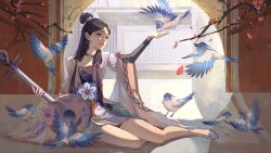 Rule 34 | 1girl, absurdres, bird, blue eyes, branch, chinese clothes, chinese commentary, chinese text, choker, collarbone, dress, fukuro 0a0, grey dress, grey footwear, hair bun, head tilt, highres, holding, holding instrument, instrument, low twintails, mandolin, mole, mole under mouth, open hand, original, petals, purple choker, single hair bun, sitting, smile, solo, twintails