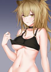 Rule 34 | 1girl, absurdres, animal ears, arknights, armpit crease, bare shoulders, black bra, black choker, blonde hair, bra, breasts, choker, cleavage, closed mouth, expressionless, gradient background, highres, lion ears, long hair, looking at viewer, medium breasts, midriff, navel, siege (arknights), solo, spaghetti strap, stomach, underwear, upper body, yellow eyes, zui ai shuang mawei