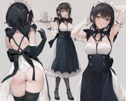 Rule 34 | 1girl, apron, armpits, ass, black hair, blush, bow, breasts, character request, chowbie, cleavage, dress, elbow gloves, frills, gloves, high heels, large breasts, long dress, looking at viewer, maid, maid headdress, maid master, multiple views, o-ring, parted lips, short hair, smile, standing, thighhighs, thighs