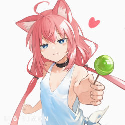 Rule 34 | 1girl, absurdres, ahoge, animal ear fluff, animal ears, artist name, bare arms, black choker, blue eyes, blush, breasts, candy, cat ears, chinese commentary, choker, closed mouth, commentary request, food, heart, highres, hinata channel, incoming food, linpiu, lollipop, long hair, looking at viewer, nekomiya hinata, pink hair, reaching, reaching towards viewer, simple background, small breasts, smile, solo, tank top, twintails, upper body, virtual youtuber, white background, white tank top