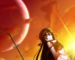 Rule 34 | 00s, 1girl, arms behind back, brown dress, brown hair, dress, dutch angle, fantasy, light rays, long hair, long sleeves, looking at viewer, outdoors, planet, pole, shihou matsuri, sola, solo, sun, sunlight