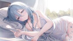 Rule 34 | 1girl, bed, blue hair, blush, breasts, cleavage, commentary, commission, dress, fins, hair between eyes, head fins, iris lucen, kurage cc, leg tattoo, light up, long hair, looking at viewer, open mouth, pillow, purple eyes, siren (mythology), skeb commission, sleeveless, sleeveless dress, solo, symbol-only commentary, tattoo, white dress