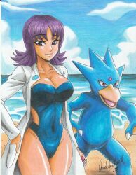 Rule 34 | 1girl, 2018, artist name, beak, breasts, claws, cloud, cloudy sky, coat, collarbone, covered navel, creatures (company), day, game freak, gem, gen 1 pokemon, golduck, holding, holding poke ball, large breasts, nintendo, ocean, one-piece swimsuit, outdoors, parted lips, philena ivy, poke ball, pokemon, pokemon (anime), pokemon (classic anime), pokemon (creature), purple eyes, purple hair, ravernclouk design, sand, short hair, sky, smile, swimsuit, swimsuit under clothes, traditional media, white coat, wide hips