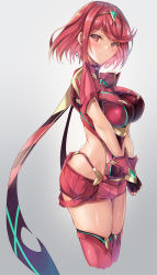 Rule 34 | 1girl, armor, black gloves, blush, breasts, closed mouth, earrings, fingerless gloves, gem, gloves, grey background, headpiece, highres, inoue takuya (tactactak), jewelry, large breasts, looking at viewer, nintendo, pyra (xenoblade), red eyes, red hair, red shorts, red thighhighs, short hair, shorts, shoulder armor, smile, solo, swept bangs, thighhighs, thighs, tiara, xenoblade chronicles (series), xenoblade chronicles 2