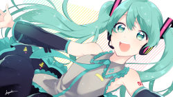 Rule 34 | 1girl, :d, armpits, black skirt, blue eyes, blue hair, blue necktie, breasts, detached sleeves, dutch angle, eyelashes, floating hair, frilled shirt collar, frilled skirt, frills, grey shirt, hatsune miku, headset, highres, koyubi right, long hair, looking away, necktie, number tattoo, open mouth, outstretched arms, round teeth, see-through, shirt, shoulder tattoo, signature, simple background, skirt, sleeveless, sleeveless shirt, small breasts, smile, solo, sparkle, striped, striped background, tattoo, teeth, twintails, upper body, upper teeth only, vertical stripes, very long hair, vocaloid, white background