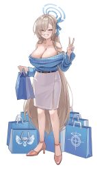 Rule 34 | 1girl, alternate costume, asuna (blue archive), bag, bare shoulders, blonde hair, blue archive, blue eyes, blue halo, blue ribbon, blue sweater, breasts, cleavage, commentary, full body, grin, hair ribbon, halo, hand up, high heels, highres, large breasts, long hair, long sleeves, looking at viewer, o-los, off-shoulder sweater, off shoulder, pink footwear, ribbon, shopping bag, simple background, skirt, smile, solo, standing, sweater, teeth, v, very long hair, white background, white skirt