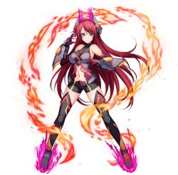 Rule 34 | 1girl, black shorts, black thighhighs, blue eyes, breasts, breasts apart, closed mouth, elbow gloves, fire, floating hair, full body, game cg, gloves, hair ornament, hairclip, large breasts, long hair, looking at viewer, midriff, navel, official art, red gloves, red hair, short shorts, shorts, solo, sora no kanata no dystopia x shitei, standing, stomach, swept bangs, thighhighs, transparent background, very long hair