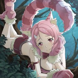 Rule 34 | 1girl, animal ears, animal hands, arm ribbon, bikini, bikini top only, bow, bowtie, breasts, cat ears, cat tail, cheshire cat (alice in wonderland), cheshire cat (cosplay), cleaned, cleavage, cosplay, forest, fur trim, gloves, hair ornament, hairclip, head rest, lisbeth (sao), looking at viewer, lying, medium breasts, nature, official art, on stomach, outdoors, parted bangs, paw gloves, paw shoes, pink bikini, pink eyes, pink footwear, pink gloves, pink hair, pink tail, red bow, red bowtie, red ribbon, red shorts, ribbon, shoes, short hair, short shorts, shorts, smile, solo, striped bikini, striped bikini top, striped clothes, striped tail, swimsuit, sword art online, tail, the pose, tree