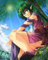 Rule 34 | 1girl, bare legs, blush, cloud, dress, dutch angle, fire emblem, fire emblem: mystery of the emblem, fire emblem: shadow dragon and the blade of light, from below, fuussu (21-kazin), green eyes, green hair, hair ornament, high ponytail, jewelry, long hair, matching hair/eyes, nintendo, outdoors, pink dress, pointy ears, ponytail, ribbon, short dress, sitting, sky, smile, solo, sunlight, tiki (fire emblem), tiki (young) (fire emblem), tree