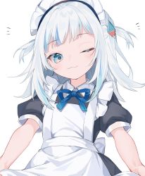 Rule 34 | 1girl, :3, absurdres, alternate costume, apron, black dress, blue bow, blue bowtie, blue eyes, blue hair, blush, bow, bowtie, dress, enmaided, gawr gura, grey hair, hair ornament, highres, hololive, hololive english, looking at viewer, maid, maid headdress, medium hair, mokyuko, multicolored hair, notice lines, one eye closed, shark hair ornament, short twintails, simple background, smile, solo, streaked hair, twintails, upper body, virtual youtuber, white apron, white background, white headdress