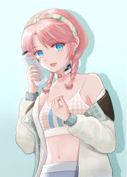 Rule 34 | 1girl, :d, absurdres, arknights, bare shoulders, blue background, blue eyes, blue poison (arknights), blue poison (shoal beat) (arknights), bottle, braid, choker, commentary request, crop top, drop shadow, earrings, hairband, hands up, highres, holding, holding bottle, jacket, jewelry, long hair, looking at viewer, midriff, navel, off shoulder, open clothes, open jacket, open mouth, owanwan 1205, pink hair, simple background, smile, solo, spaghetti strap, sports bra, stomach, twin braids, upper body, white jacket