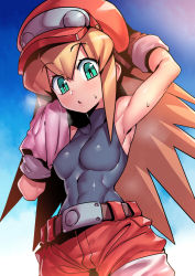 Rule 34 | 1girl, armpits, arms up, blush, bodysuit, breasts, cabbie hat, gloves, green eyes, hat, highres, jacket, long hair, looking at viewer, mega man (series), mega man legends (series), red hat, red shorts, roll caskett (mega man), shorts, simple background, skin tight, small breasts, solo, steam, sweat, tukiwani