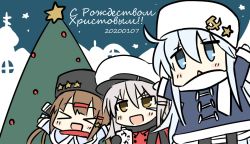 Rule 34 | &gt; &lt;, 3girls, arms up, black headwear, black scarf, blue eyes, blush, brown hair, chibi, christmas, dated, fur hat, gangut (kancolle), grey hair, hair ornament, hair ribbon, hairclip, hammer and sickle, hat, hibiki (kancolle), hizuki yayoi, holding, kantai collection, long hair, long sleeves, low twintails, multiple girls, open mouth, papakha, red scarf, ribbon, russian text, scar, scar on face, scarf, star (symbol), tashkent (kancolle), twintails, verniy (kancolle), white headwear, white scarf, yellow eyes