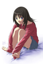 Rule 34 | 1girl, barefoot, blue eyes, brown hair, feet, hands on feet, mcq, original, sitting, sleeves past wrists, smile, solo, sweater