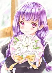 Rule 34 | 1girl, arms up, assault lily, blunt bangs, blush, bouquet, braid, chiki (bloom1up), closed mouth, commentary request, crossed arms, day, floral background, flower, highres, hitotsuyanagi yuri, holding, holding bouquet, indoors, jewelry, juliet sleeves, lily (flower), long hair, long sleeves, looking at viewer, low twin braids, low twintails, hugging object, puffy sleeves, purple hair, ring, school uniform, smile, solo, twin braids, twintails, upper body, white flower, window, yurigaoka girls academy school uniform
