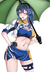 Rule 34 | 1girl, absurdres, bandeau, black gloves, blue bandeau, blue eyes, blue hair, blue skirt, blush, breasts, cleavage, commentary request, cropped jacket, drie, gloves, gotland (kancolle), green umbrella, hair between eyes, hand on own hip, headphones, highres, holding, jacket, kantai collection, long hair, medium breasts, microphone, midriff, miniskirt, mole, mole under eye, navel, one eye closed, open mouth, partial commentary, ponytail, race queen, side slit, simple background, skirt, smile, solo, thigh strap, umbrella, white background, white jacket