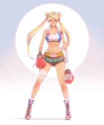 Rule 34 | 1girl, angry, bandaged hand, bandaged leg, bandages, bishoujo senshi sailor moon, black shorts, blonde hair, blue eyes, blue shirt, blush, boots, boxer, boxing gloves, breasts, chonnalisaart, cleavage, clothes writing, collarbone, crescent, crescent earrings, double bun, earrings, hair bun, holding, jewelry, large breasts, long hair, looking at viewer, midriff, navel, orange shorts, red footwear, shirt, shorts, sky, socks, standing, sun, tank top, towel, towel around neck, tsukino usagi, twintails, white shirt, white socks