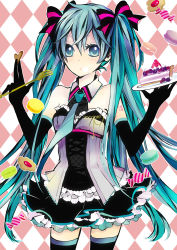Rule 34 | 1girl, aqua eyes, aqua hair, bare shoulders, bow, cake, checkered background, collar, detached collar, elbow gloves, food, fork, gloves, hair bow, hatsune miku, inami eno, long hair, necktie, plate, skirt, solo, sweets, thighhighs, twintails, very long hair, vocaloid