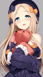 Rule 34 | 1girl, abigail williams (fate), bare shoulders, black bow, black dress, blonde hair, blue eyes, blush, bow, dress, fate/grand order, fate (series), forehead, grey background, hat, holding, holding stuffed toy, kazakura, long hair, long sleeves, looking at viewer, hugging object, off-shoulder dress, off shoulder, orange bow, parted bangs, parted lips, polka dot, polka dot bow, simple background, sleeves past wrists, smile, solo, stuffed animal, stuffed toy, teddy bear