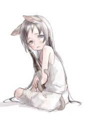 Rule 34 | 1girl, alcohol, animal ear fluff, animal ears, blue eyes, bottle, cat ears, cat tail, child, crying, drunk, female focus, frilled shorts, frills, from behind, grey hair, highres, holding, holding bottle, long hair, looking back, nenena, original, prehensile tail, shorts, sitting, solo, tail, tail through clothes, tears
