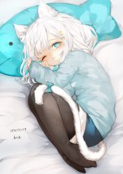 Rule 34 | 1girl, ;), animal ears, black pantyhose, cat ears, cat girl, cat tail, commission, denim, denim shorts, fish-shaped pillow, full body, highres, long sleeves, looking at viewer, lying, medium hair, nennekorori4, on side, one eye closed, original, pantyhose, second-party source, shorts, skeb commission, sleeves past wrists, smile, sweater, tail, white hair