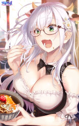 Rule 34 | 1girl, animal ears, apron, black bow, black bowtie, blush, bodice, bow, bowtie, breasts, cleavage, clothing cutout, corset, cow ears, cow horns, cross-laced clothes, cross-laced cutout, detached sleeves, dirndl, flower, food, food focus, german clothes, glasses, grey hair, hair flower, hair ornament, highres, hololive, horns, hozumi kaoru, large breasts, long hair, maid, official alternate costume, official alternate hair length, official alternate hairstyle, puffy detached sleeves, puffy short sleeves, puffy sleeves, shirogane noel, shirogane noel (dirndl), short sleeves, solo, very long hair, virtual youtuber, white apron