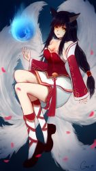 Rule 34 | 1girl, absurdres, ahri (league of legends), animal ears, bare shoulders, black footwear, black hair, breasts, china dress, chinese clothes, cleavage, dress, fox ears, fox girl, fox tail, full body, highres, large breasts, league of legends, long hair, looking at viewer, magic circle, medium breasts, open mouth, petals, qwerggthankyou, red dress, red sleeves, shoes, sleeveless, sleeveless dress, solo, tail, white legwear, yellow eyes