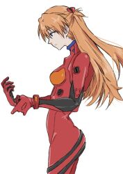 Rule 34 | 1girl, artist request, ass, blue eyes, bodysuit, breasts, brown hair, expressionless, feet out of frame, interface headset, long hair, medium breasts, neon genesis evangelion, plugsuit, red bodysuit, shiny clothes, simple background, solo, souryuu asuka langley, two side up, white background