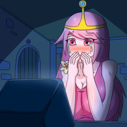 Rule 34 | 1girl, adventure time, alternate breast size, blush, breasts, cartoon network, cleavage, crying, crying with eyes open, dr. bug, flower, huge breasts, indoors, long hair, monitor, pink eyes, pink hair, princess bonnibel bubblegum, sleeveless, solo, tears, tiara