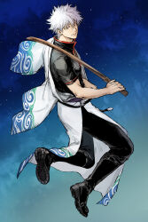 Rule 34 | 1boy, absurdres, black footwear, black pants, black shirt, bokken, boots, closed mouth, cloud, from side, full body, gintama, hadanugi dousa, hair between eyes, highres, holding, holding sword, holding weapon, japanese clothes, kimono, long sleeves, looking at viewer, looking to the side, male focus, night, night sky, open clothes, open kimono, outdoors, pants, red eyes, sakata gintoki, shirt, shoe soles, sky, smile, solo, star (sky), starry sky, sword, uraki (tetsu420), weapon, white hair, white kimono, wide sleeves, wooden sword