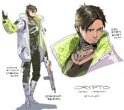 Rule 34 | 1boy, animification, apex legends, black eyes, black gloves, black hair, black pants, black shirt, boots, character name, collarbone, crypto (apex legends), g7 scout, gloves, green vest, gun, highres, holding, holding gun, holding weapon, jewelry, male focus, multiple views, necklace, open hand, pants, parted hair, partially fingerless gloves, rifle, shirt, thundergotch, translation request, undercut, vest, weapon, white background, white footwear