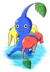 Rule 34 | black eyes, blue pikmin, blue skin, colored skin, commentary request, holding, leaf, lowres, nintendo, no humans, partially submerged, pikmin (creature), pikmin (series), raihachi, red pikmin, red skin, rescue, shadow, sweat, triangle mouth, water, white background, yellow pikmin, yellow skin