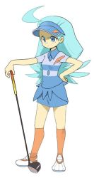 Rule 34 | &gt;:/, 1girl, :/, aqua hair, blue eyes, blue hat, blue skirt, blush, breasts, buttons, closed mouth, collared shirt, creatures (company), elite four, feathers, full body, game freak, hand on own hip, hat, kahili (pokemon), kneehighs, long hair, marutomoyuki, miniskirt, mole, mole under eye, nintendo, orange socks, pencil skirt, pin, pokemon, pokemon sm, shirt, shoes, short sleeves, simple background, skirt, small breasts, socks, solo, standing, striped clothes, striped shirt, v-shaped eyebrows, visor cap, white background, white footwear