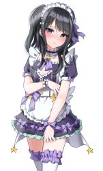 Rule 34 | 1girl, absurdres, alternate costume, apron, black dress, black hair, blue eyes, blush, breasts, camellia 90, cleavage cutout, clothing cutout, commentary request, dress, earrings, embarrassed, enmaided, frilled apron, frilled dress, frilled skirt, frills, heart cutout, highres, idolmaster, idolmaster shiny colors, jewelry, kazano hiori, looking at viewer, maid, maid headdress, medium hair, puffy short sleeves, puffy sleeves, short sleeves, skirt, small breasts, solo, star (symbol), star earrings, sweat, thighhighs, thighs, twintails, waist apron, white apron, white background, white thighhighs, wrist cuffs