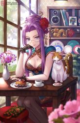 Rule 34 | 1girl, alternate costume, alternate hairstyle, box (hotpppink), breasts, cake, cat, china dress, chinese clothes, cleavage, cleavage cutout, clothing cutout, commentary request, day, dress, fate/grand order, fate/stay night, fate (series), food, glasses, hair bun, highres, legs together, long hair, looking at viewer, medium breasts, medusa (fate), medusa (rider) (fate), pantyhose, purple eyes, purple hair, single hair bun, sitting, solo, solo focus, turtleneck, turtleneck dress, updo