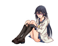 Rule 34 | 1girl, bad id, bad pixiv id, black gloves, black hair, black pantyhose, blue skirt, blush, brown footwear, clothes pull, commentary request, embarrassed, fingerless gloves, full body, girls&#039; frontline, gloves, hair between eyes, hairband, highres, jacket, load bearing vest, long hair, looking at viewer, mole, mole under eye, on floor, open mouth, panties, pantyhose, pantyhose pull, purple eyes, school uniform, sick, simple background, skirt, solo, super sass (girls&#039; frontline), underwear, white background, zenge hd