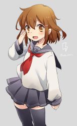 Rule 34 | 10s, 1girl, absurdres, anchor symbol, brown eyes, brown hair, commentary request, fang, hair ornament, hairclip, highres, ikazuchi (kancolle), kantai collection, lightning bolt symbol, looking at viewer, moca blanc, neckerchief, open mouth, red neckerchief, salute, school uniform, serafuku, short hair, skirt, solo, thighhighs, twitter username