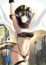 Rule 34 | 1girl, arknights, arm strap, armpits, arms up, bandeau, black gloves, black hair, black panties, blue eyes, breasts, chinese commentary, cleavage, commentary request, cowboy shot, eunectes (arknights), gloves, goggles, goggles on head, highres, looking at viewer, medium breasts, midriff, navel, nyanko960121, panties, parted lips, partial commentary, pointy ears, short hair, snake tail, solo, standing, stomach, strapless, tail, thigh strap, thighs, tube top, underwear