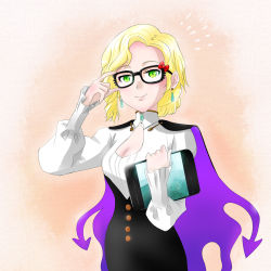 Rule 34 | 1girl, blonde hair, breasts, cape, cleavage, cleavage cutout, clothing cutout, earrings, glasses, glynda goodwitch, green eyes, hello kitty, highres, iesupa, jewelry, rwby, sanrio, short hair, smile, solo, tablet pc