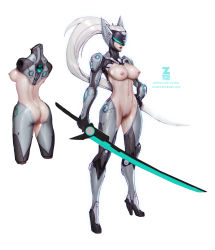 Rule 34 | 1girl, ass, breasts, cleft of venus, cyborg, female focus, fiora (league of legends), functionally nude, hand on own hip, headgear, highres, large breasts, midriff, navel, nipples, ponytail, pussy, solo, standing, sword, tagme, uncensored, weapon, white hair, zeronis