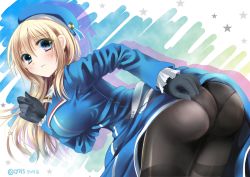 Rule 34 | 10s, 1girl, ass, atago (kancolle), bent over, black gloves, blonde hair, blue eyes, blush, breasts, from behind, gloves, gradient background, hat, highres, kantai collection, long hair, looking at viewer, mitsuki ponzu, panties, panties under pantyhose, pantyhose, shiny clothes, sideboob, solo, underwear
