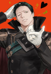 Rule 34 | 1boy, alternate costume, arm up, black coat, black hair, brooch, cape, coat, collared shirt, commentary request, fire emblem, fire emblem: three houses, gloves, halloween, halloween costume, hand on own head, heart, high collar, highres, hubert von vestra, jewelry, korean commentary, long sleeves, looking at viewer, male focus, nintendo, nose, nostrils, one eye closed, parted lips, red background, red cape, shirt, short hair, solo, sparkle, star (symbol), upper body, very short hair, vestradog, white gloves, white shirt, yellow eyes